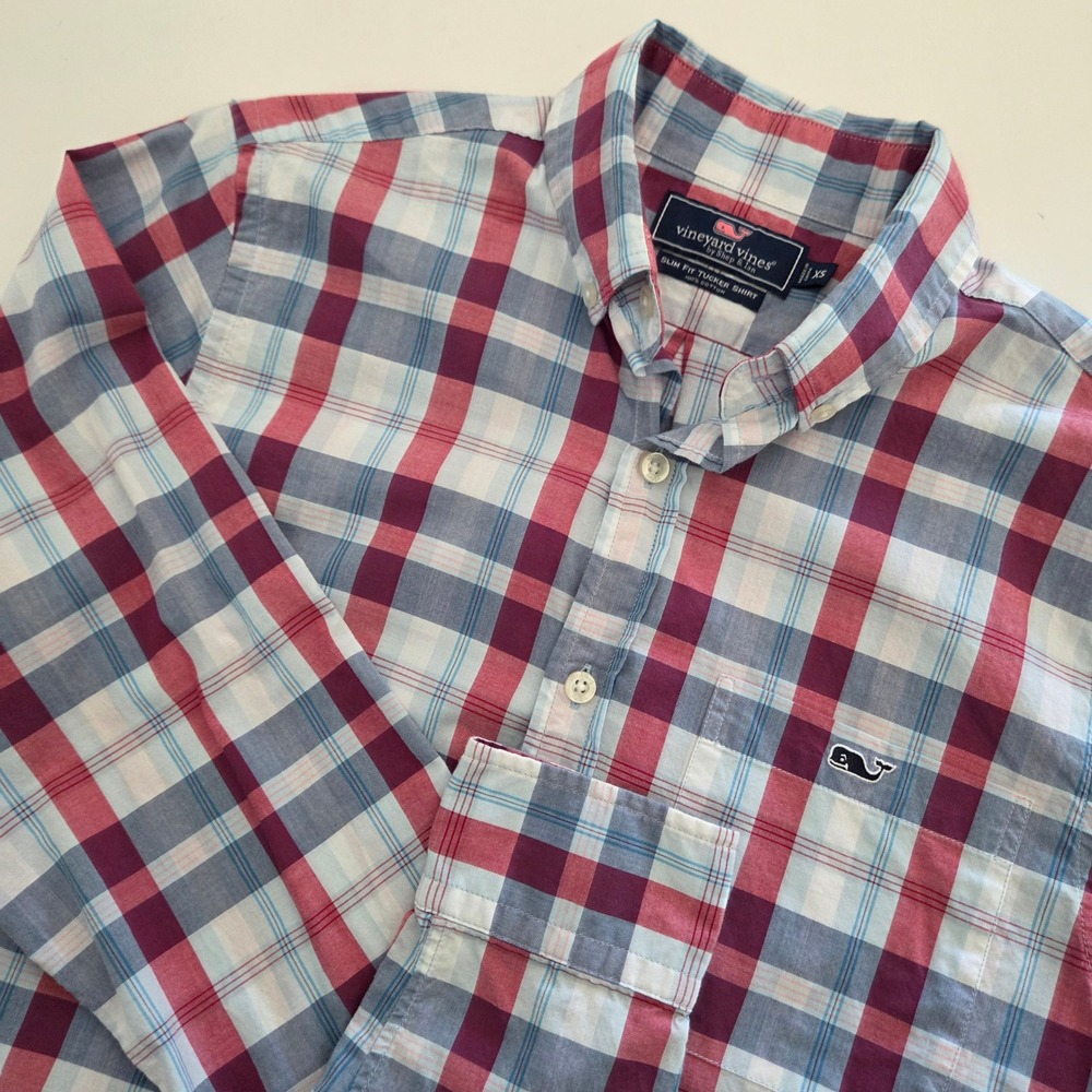 Vineyard Vines Button‎ Down Shirt Red Blue Plaid Slim Fit Tucker Mens XS